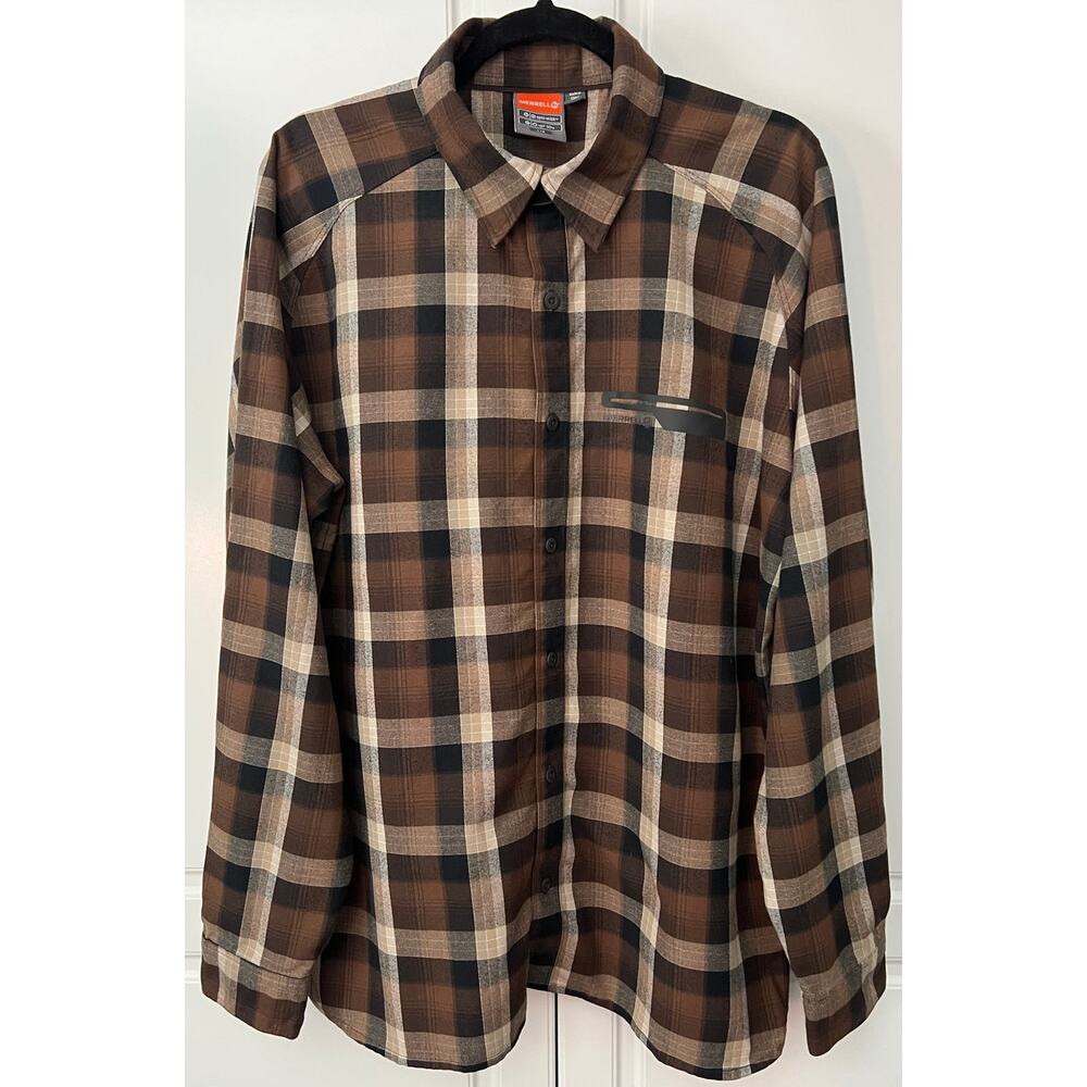 Merrell Men's Button Up Long Sleeve Plaid Shirt Opti-Wick UPF 30+ Size L